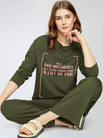 ZEYO Women's Cotton Olive Greeen Track Suit Typography Printed Sweatshirt Co-ords set