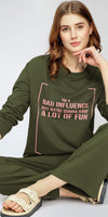 ZEYO Women's Cotton Olive Greeen Track Suit Typography Printed Sweatshirt Co-ords set