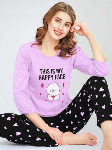 ZEYO Night Suit for Women's Pink Heart Printed Cotton Night Dress of Top and Pajama set