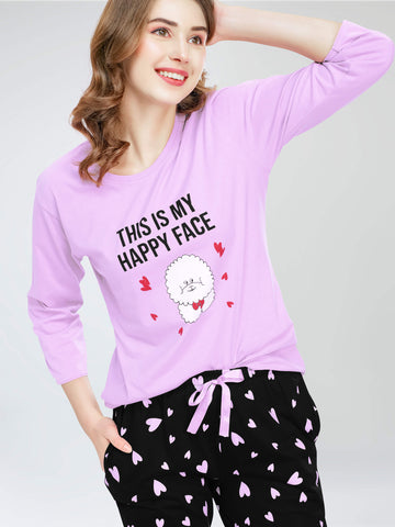 ZEYO Night Suit for Women's Pink Heart Printed Cotton Night Dress of Top and Pajama set