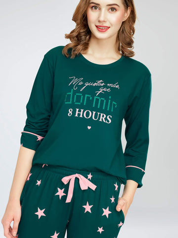 ZEYO Night Suit for Women's Teal Green Star Printed Cotton Night Dress of Top and Pajama set