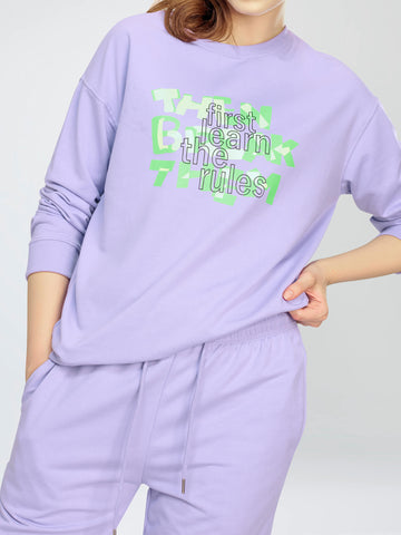 ZEYO Women's Cotton Violet Track Suit Typography Printed Sweatshirt Co-ords set