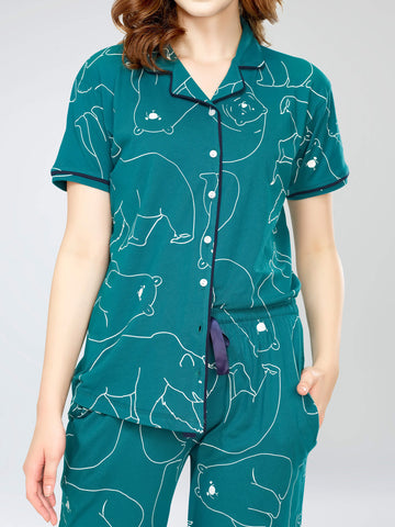 ZEYO Night Suit for Women's Teal Green Polar bear Printed Cotton Night Dress of Shirt and Pajama set