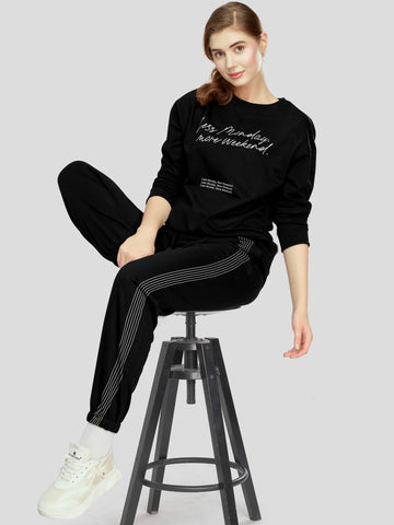 ZEYO Women's Cotton Black Track Suit Typography Printed Sweatshirt Co-ords set