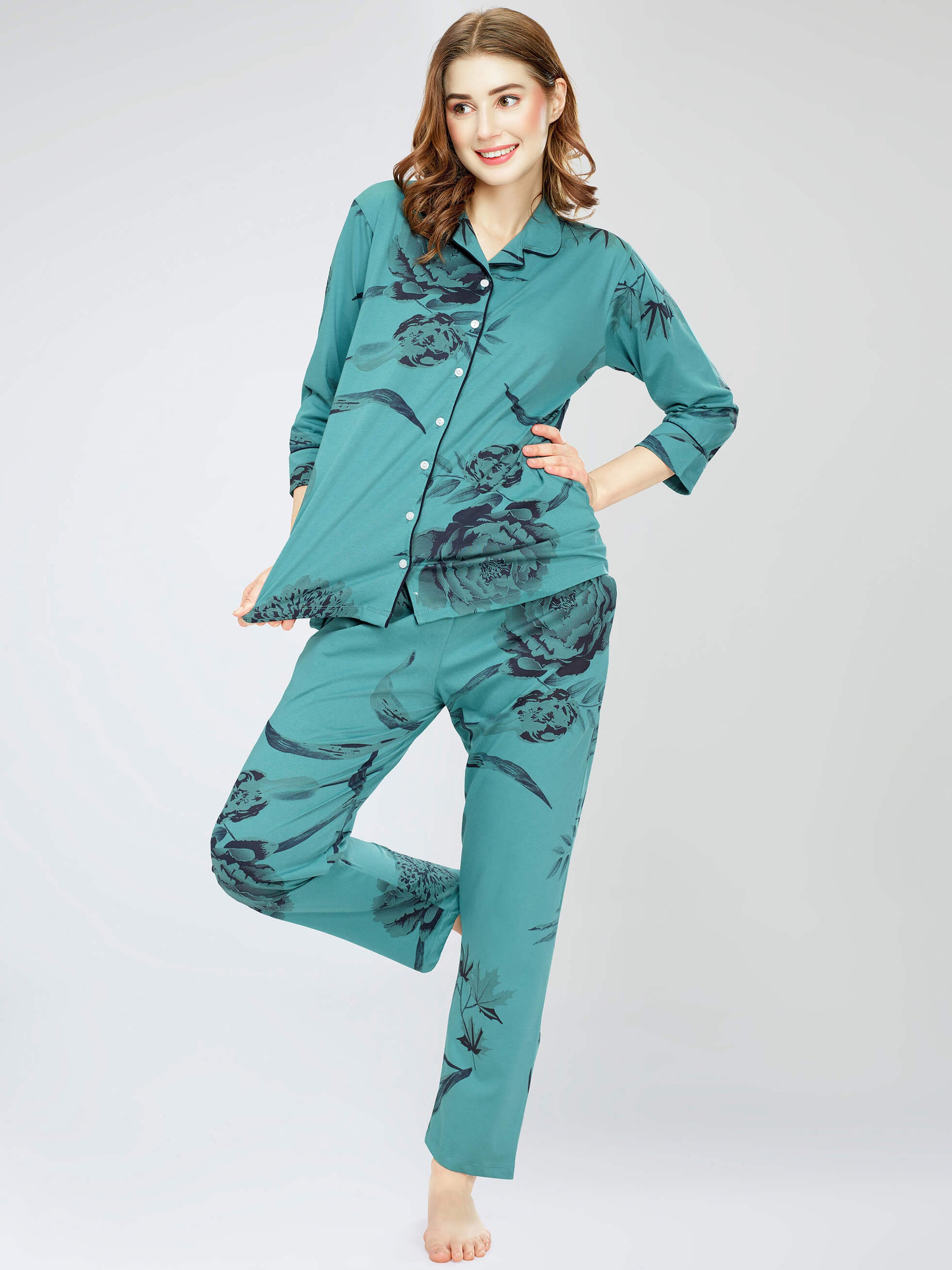 night suit set for women night suit dress for women cotton stylish latest top pajama set nightwear cotton pyjama sleeve sleep home wear ladies nursing feeding front open night shirt ZEYO night suit set co ord set for women