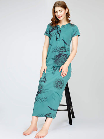 ZEYO Women's Cotton Floral Printed Sea Green Maxi Long Nighty For Women stylish