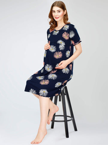 ZEYO Women's Cotton Navy Blue Night Dress Floral Printed Maternity & Feeding Short Nighty Night Gown