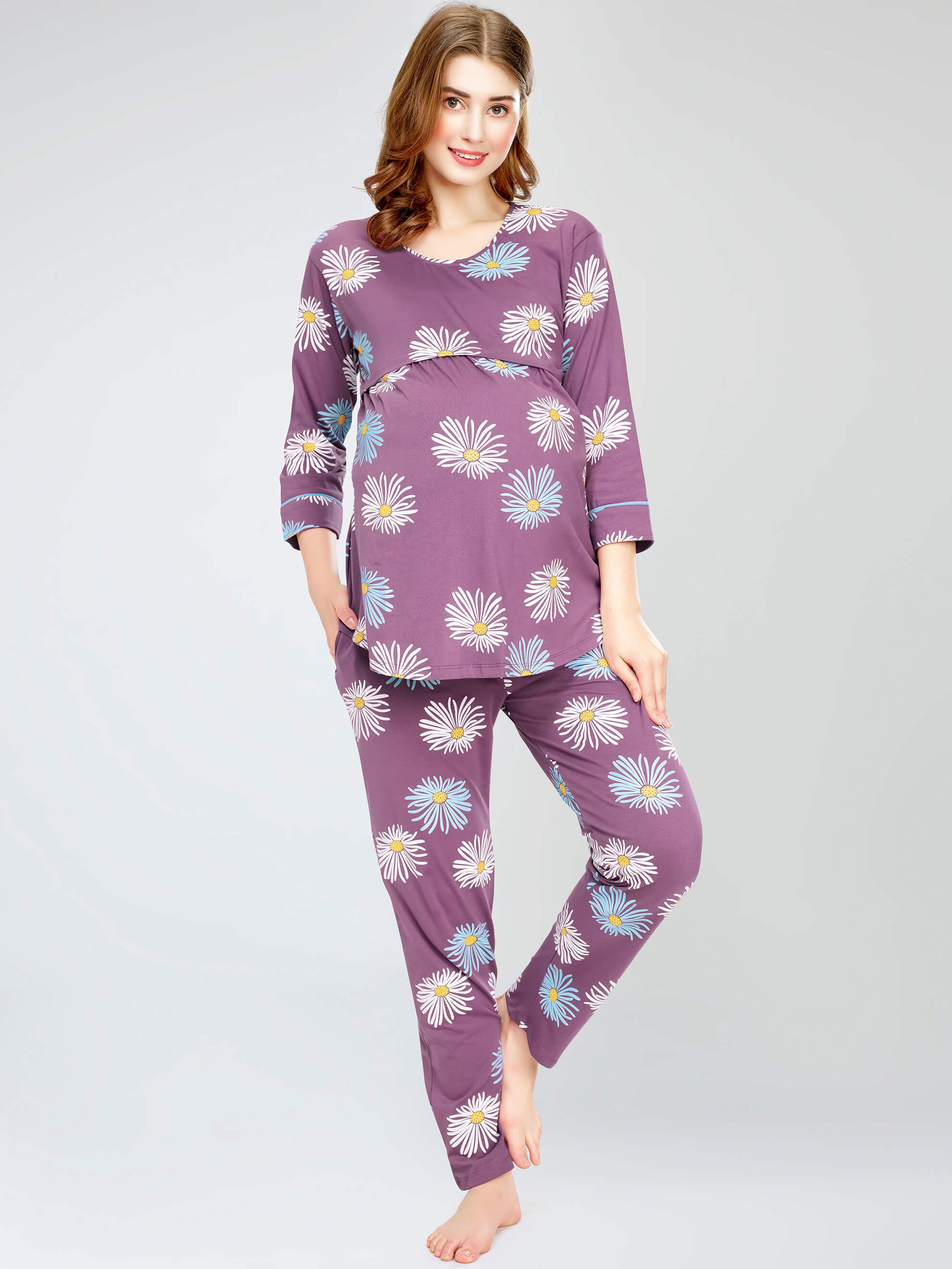 night suit set for women night suit dress for women cotton stylish latest top pajama set nightwear cotton pyjama sleeve sleep home wear ladies nursing feeding front open night shirt ZEYO night suit set co ord set for women