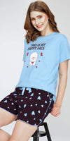 ZEYO Night Suit for Women's Blue Heart Printed Cotton Night Dress of Top and Short's set