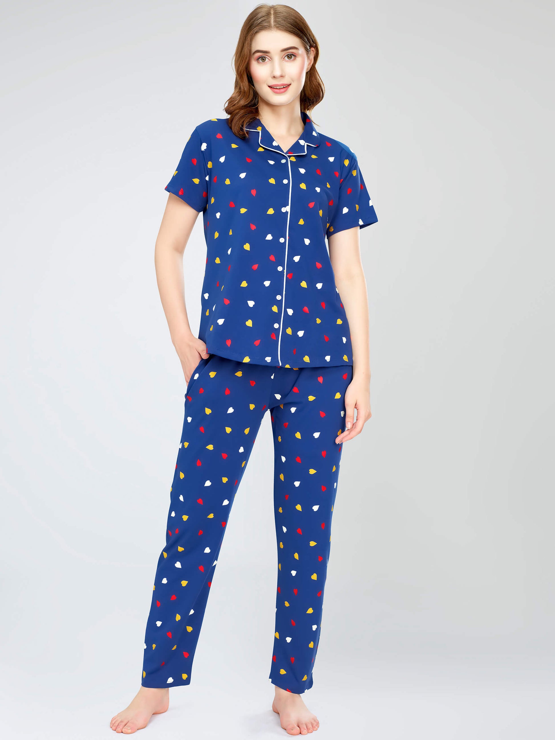 ZEYO Night Suit for Women's Blue Heart Printed Cotton Night Dress of Shirt and Pajama set