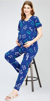 ZEYO Women's Cotton Musical Notes Printed Blue Nursing & Maternity Night Suit Set of Top & Pyjama Feeding Night Dress