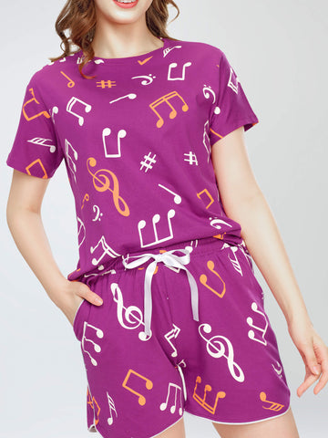 ZEYO Night Suit for Women's Purple Musical Note's Printed Cotton Night Dress of Top and Short's set