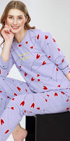 ZEYO Night Suit for Women's Lavender Heart Printed Cotton Night Dress of Top and Pajama set