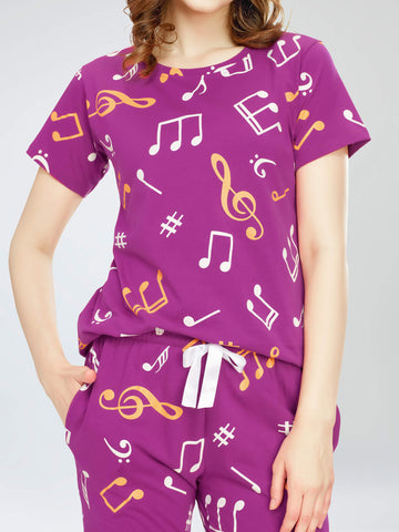 ZEYO Night Suit for Women's Purple Musical Notes Printed Cotton Night Dress of Top and Pajama set