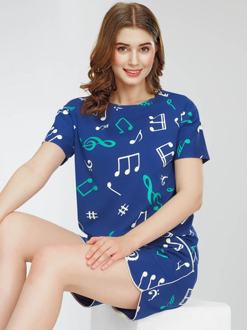 ZEYO Night Suit for Women's Blue Musical Note's Printed Cotton Night Dress of Top and Short's set