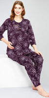 ZEYO Women's Cotton Floral Printed Wine Berry Nursing & Maternity Night Suit Set of Top & Pyjama Feeding Night Dress