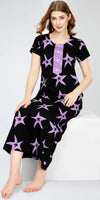 ZEYO Women's Cotton Star Printed Black Maxi Long Nighty For Women stylish