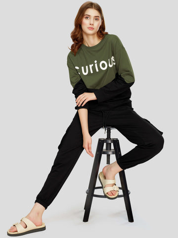 ZEYO Women's Cotton Olive Green Track Suit Typography Printed Sweatshirt Co-ords set