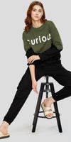 ZEYO Women's Cotton Olive Green Track Suit Typography Printed Sweatshirt Co-ords set