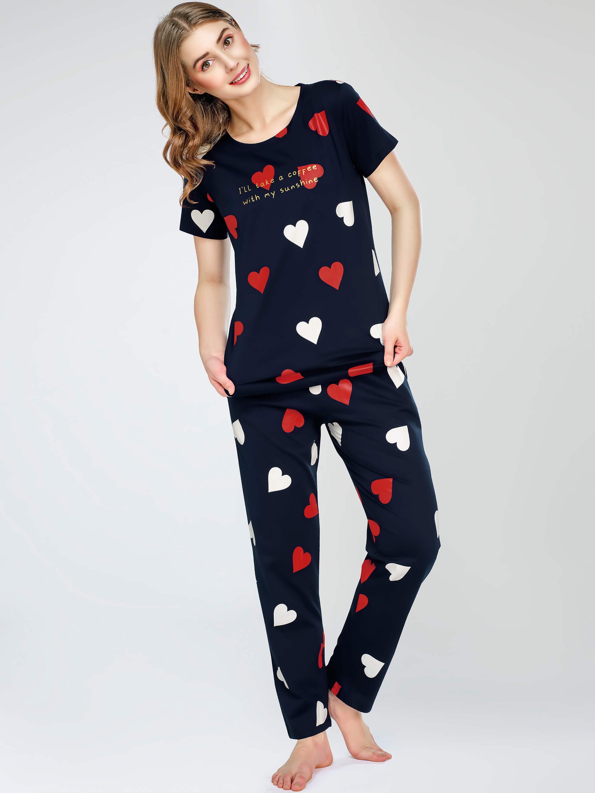 ZEYO Night Suit for Women's Navy Blue Heart Printed Cotton Night Dress of Top and Pajama set
