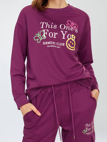 ZEYO Women's Cotton Purple Track Suit Typography Printed Sweatshirt Co-ords set