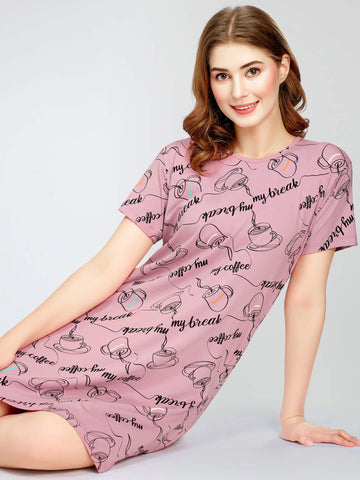 ZEYO Women's Cotton Mauve Night Dress Cup Saucer Printed Knee Length