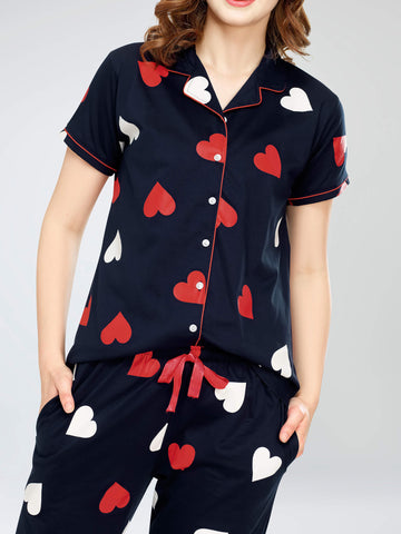 ZEYO Night Suit for Women's Navy Blue Heart Printed Cotton Night Dress of Shirt and Pajama set