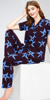 ZEYO Night Suit for Women's Wine Berry Star Printed Cotton Night Dress of Shirt and Pajama set