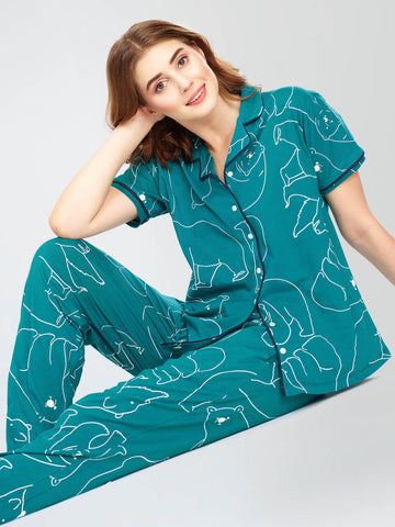 ZEYO Night Suit for Women's Teal Green Polar bear Printed Cotton Night Dress of Shirt and Pajama set