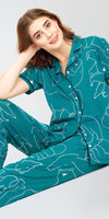 ZEYO Night Suit for Women's Teal Green Polar bear Printed Cotton Night Dress of Shirt and Pajama set