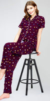 ZEYO Night Suit for Women's Wine Berry Heart Printed Cotton Night Dress of Shirt and Pajama set