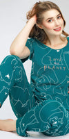 ZEYO Night Suit for Women's Teal Green Polar Bear Printed Cotton Night Dress of Top and Pajama set