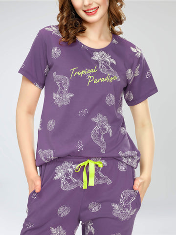 ZEYO Night Suit for Women's Violet Floral & Cheetah Printed Cotton Night Dress of Top and Pajama set