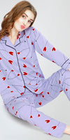 ZEYO Night Suit for Women's Lavender Heart Printed Cotton Night Dress of Shirt and Pajama set