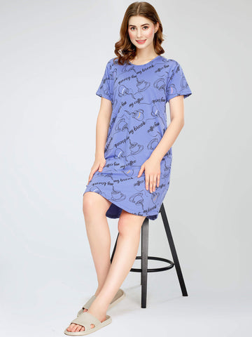 ZEYO Women's Cotton Blue Night Dress Cup & Saucer Printed Knee Length Night Gown