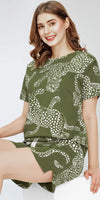 ZEYO Night Suit for Women's Olive Green Leopard Printed Cotton Night Dress of Top and Short's set