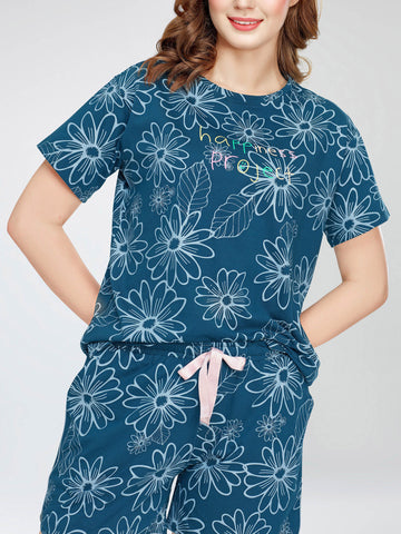 ZEYO Night Suit for Women's Teal Blue Floral Printed Cotton Night Dress of Top and Short's set