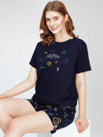 ZEYO Night Suit for Women's Navy Blue Printed Cotton Night Dress of Top and Short's set