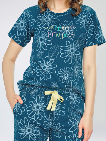 ZEYO Night Suit for Women's Teal Blue Floral Printed Cotton Night Dress of Top and Pajama set