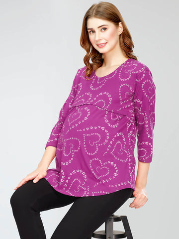 ZEYO Women's Cotton Purple Maternity Top Heart Printed Feeding T-shirt