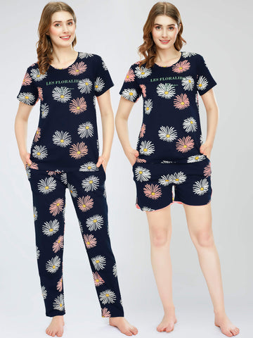 ZEYO Night Suit for Women's Navy Blue Floral Printed Cotton Night Dress of Top,Pajama & Short's 3Pc'S Set