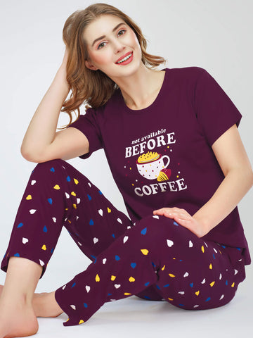 ZEYO Night Suit for Women's Wine Berry Heart Printed Cotton Night Dress of Top and Pajama set