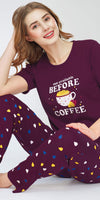 ZEYO Night Suit for Women's Wine Berry Heart Printed Cotton Night Dress of Top and Pajama set