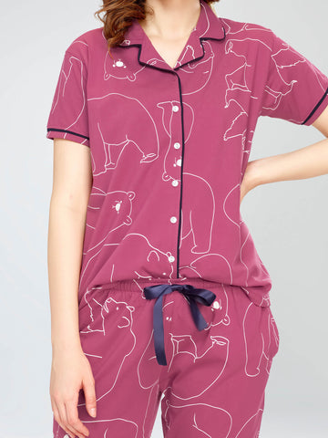 ZEYO Night Suit for Women's Pink Polar bear Printed Cotton Night Dress of Shirt and Pajama set