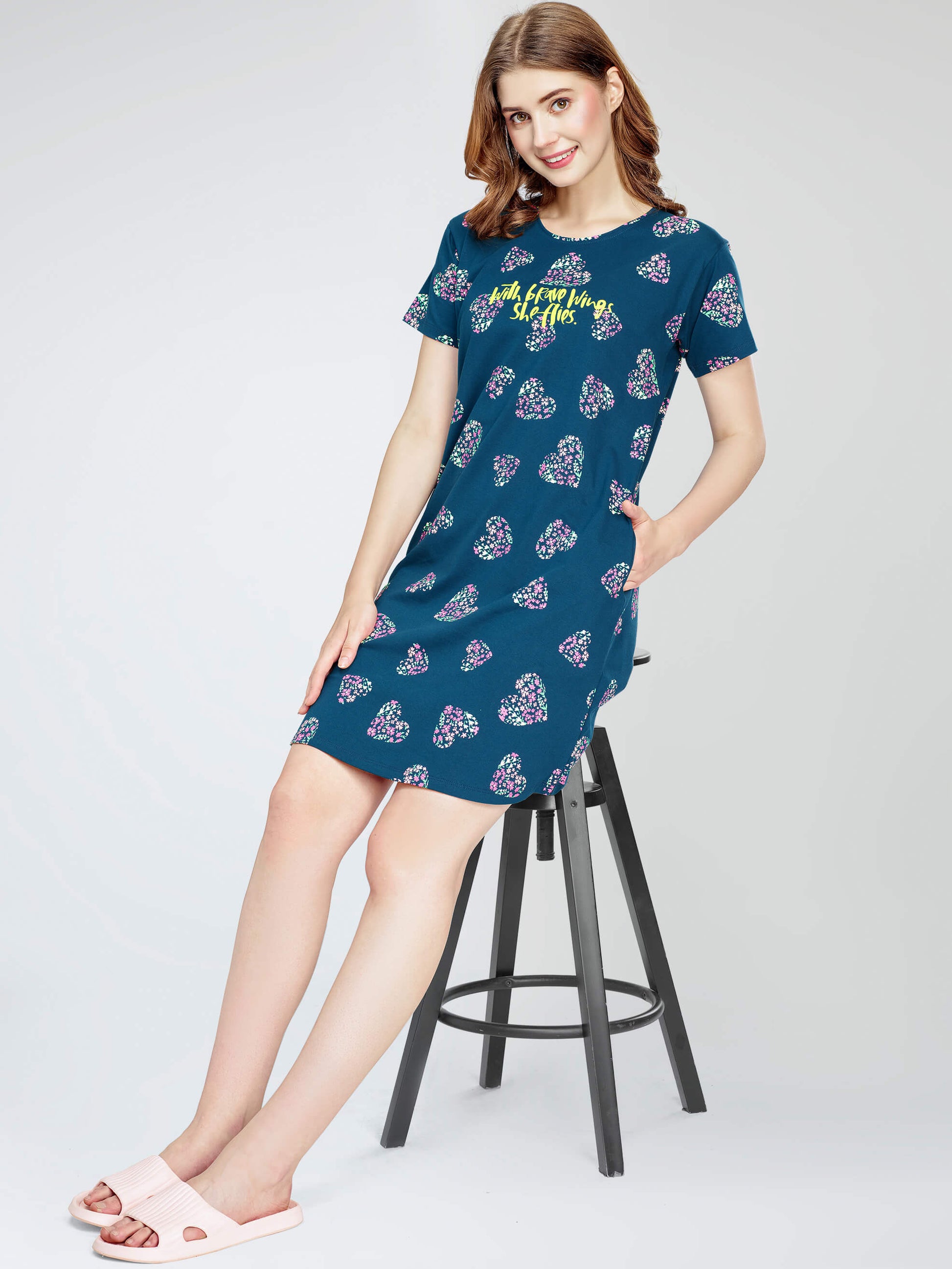 ZEYO Women's Cotton Teal Blue Night Dress Heart Floral Printed Knee