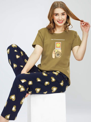 ZEYO Night Suit for Women's Mustard Green Heart Printed Cotton Night Dress of Top and Pajama set