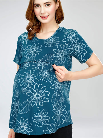 ZEYO Women's Cotton Teal Blue Maternity Top Floral Printed Feeding T-shirt