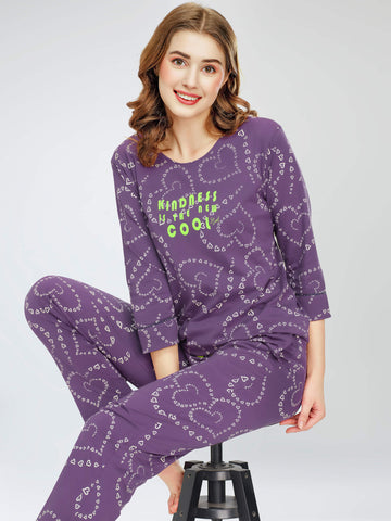 ZEYO Night Suit for Women's Violet Heart Printed Cotton Night Dress of Top and Pajama set