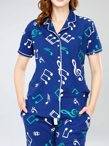 ZEYO Night Suit for Women's Blue Musical Note's Printed Cotton Night Dress of Shirt and Pajama set