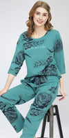 ZEYO Night Suit for Women's Sea Green Floral Printed Cotton Night Dress of Top and Pajama set